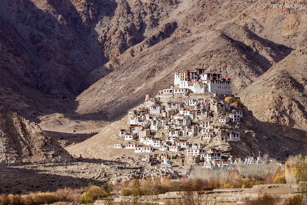Chemrey Monastery on a hill surrounded by barren mountains