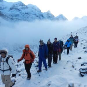 trekking walking in snow on marchoi trek