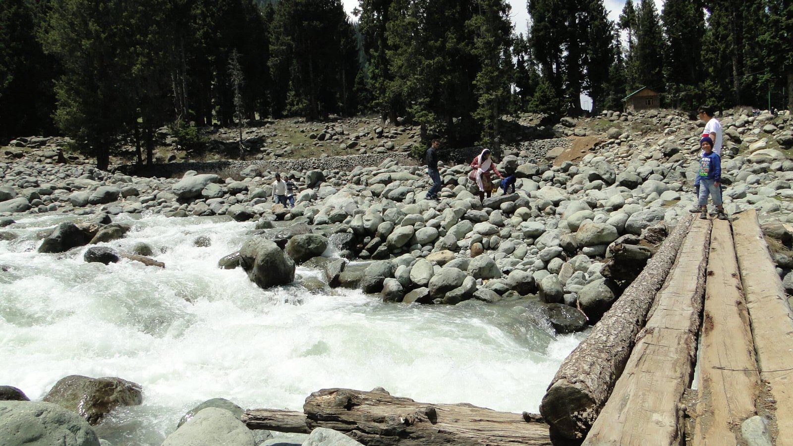 People crossing a rocky river with a log bridge in a forested mountain area