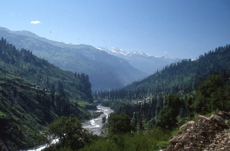 Lush green Solang Valley with river and snow-capped mountains in the background