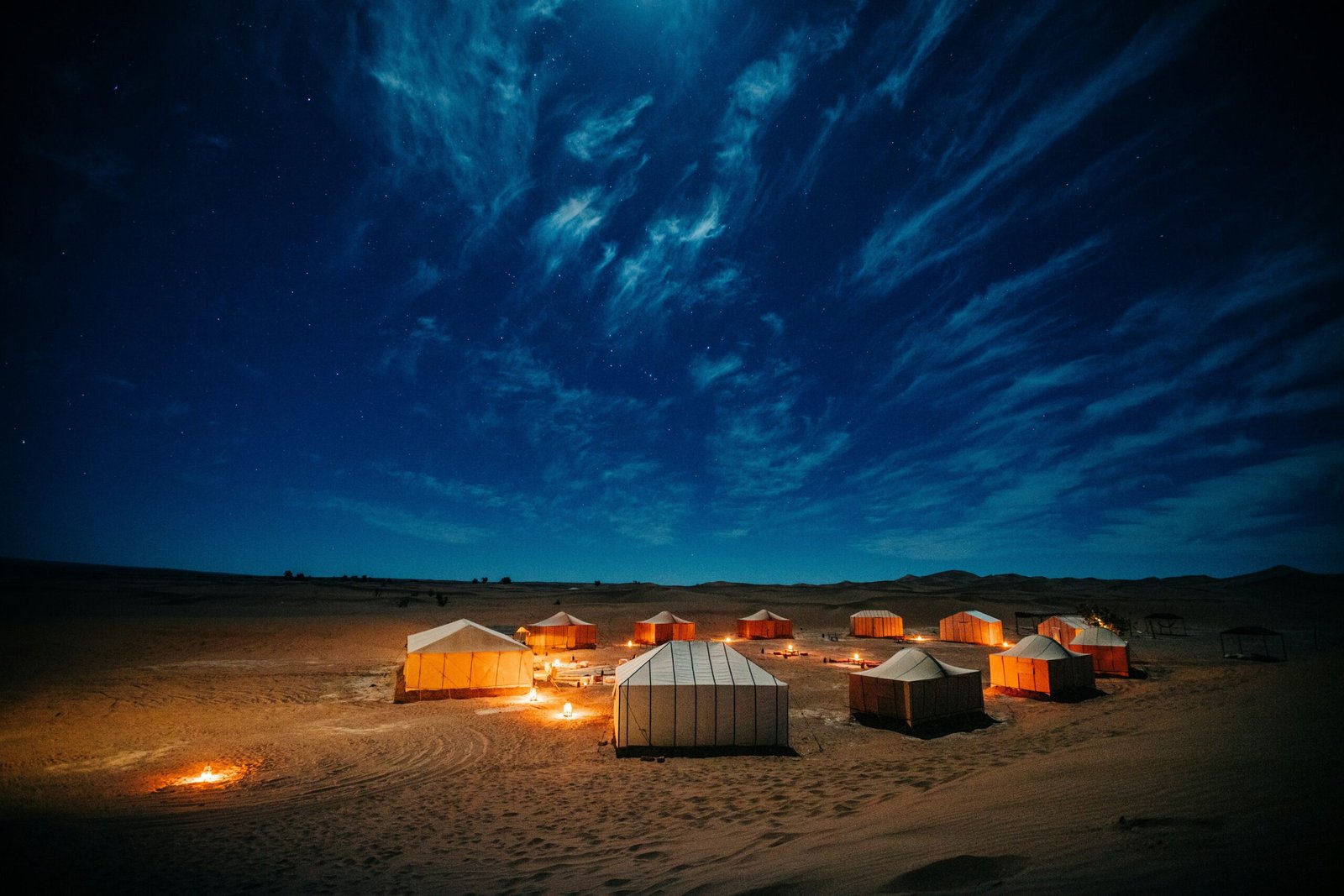 Tents glowing in the desert under a bright, starry night sky in sonmarg