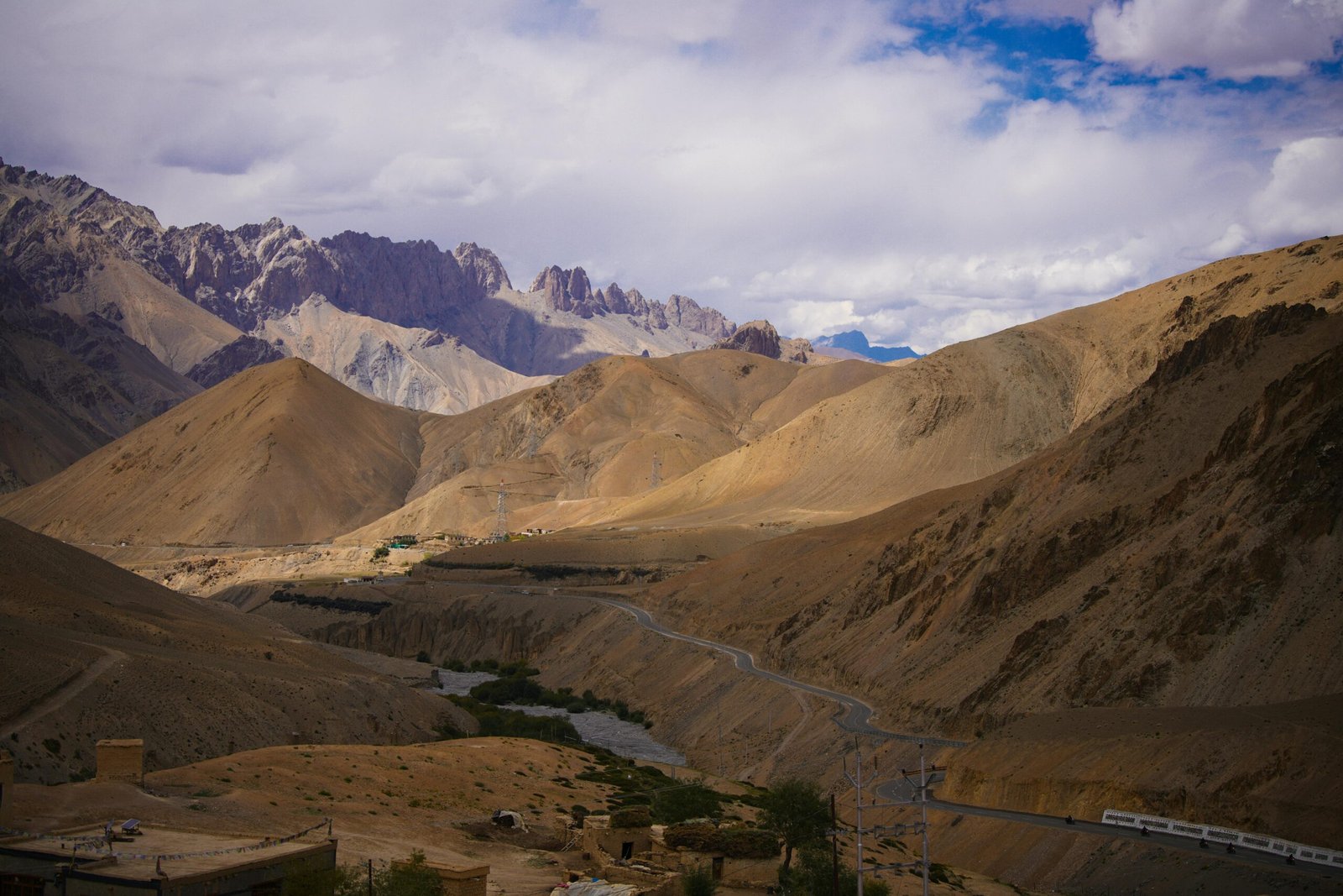 Scenic view of Lamayuru's moon-like landscape with winding roads and rugged mountains
