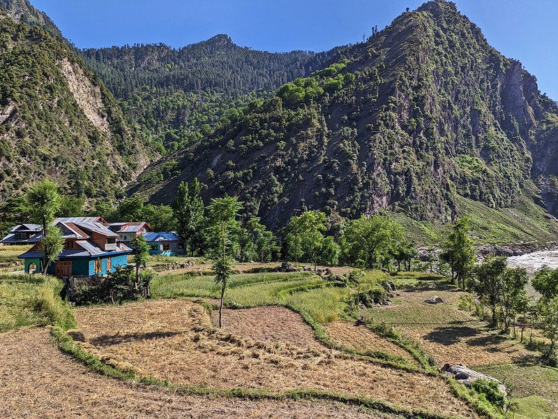 Small village with green fields and forested mountains in Teetwal Valley