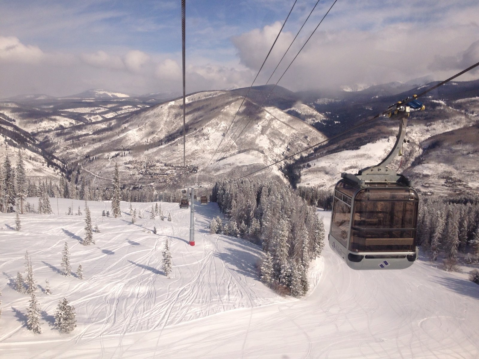 Ski gondola over snowy mountains