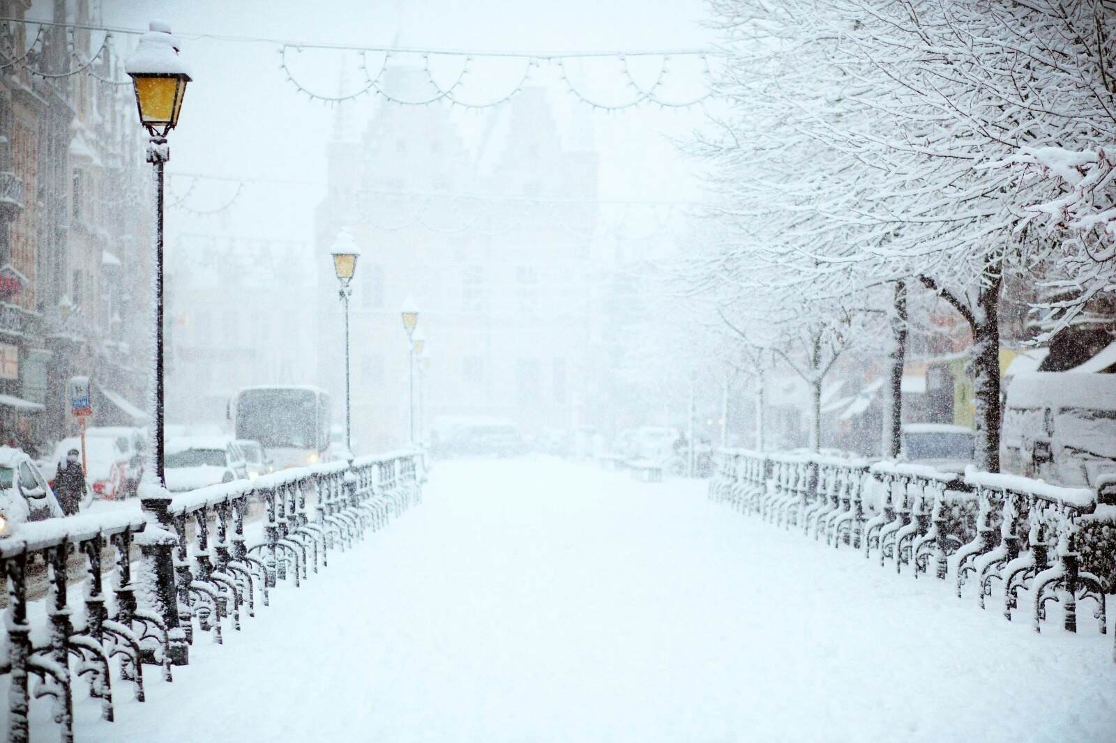 Snow-covered kashmir city street with lamp posts and trees during heavy snowfall