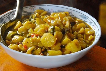 Bowl of traditional Ladakhi skyu with vegetables