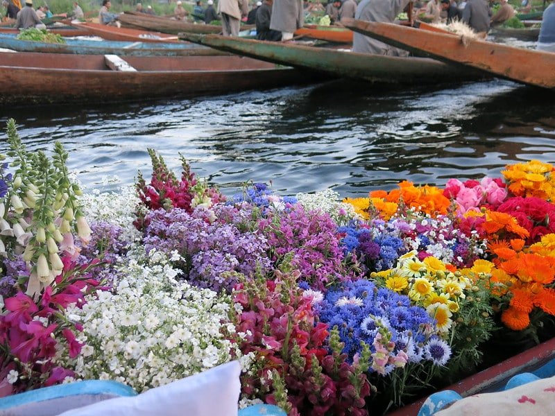A shikara selling fresh flowers in floating market