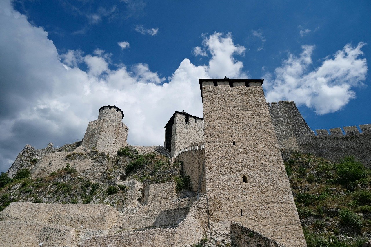 Stone walls and towers of Riasi Fort under a bright sky in Leh.