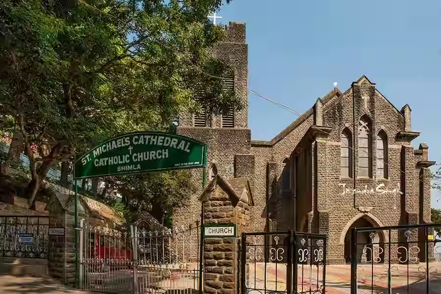 St. Michael's Cathedral Catholic Church in Shimla with stone architecture and entrance gate