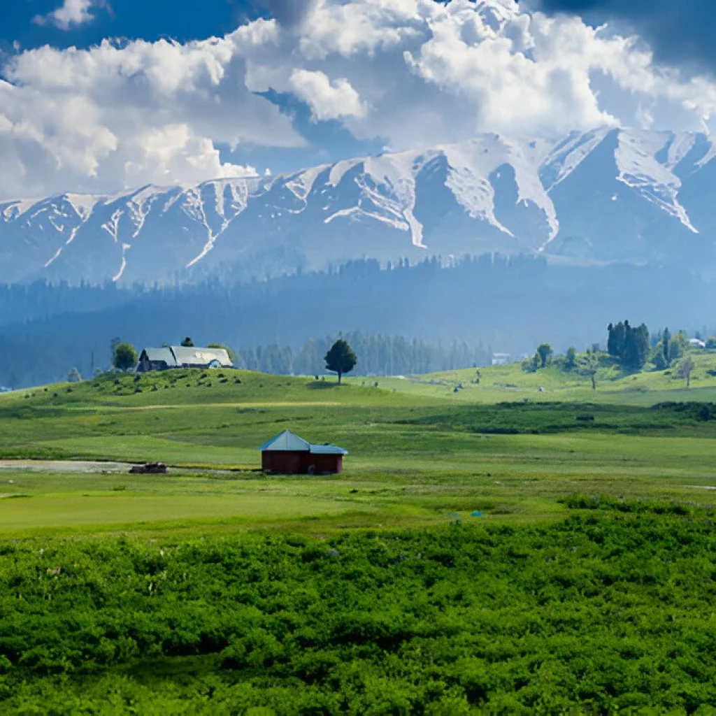 A scenic view of Gulmarg with lush green meadows